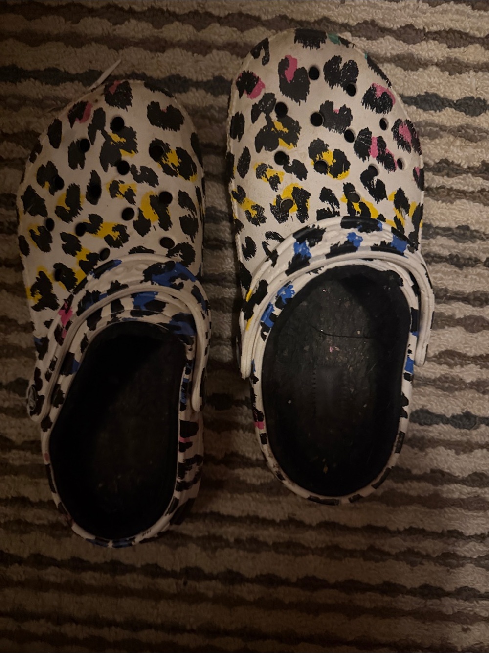 CROCS Kids White Leopard Print Clogs with Pink, Yellow & Blue Accents